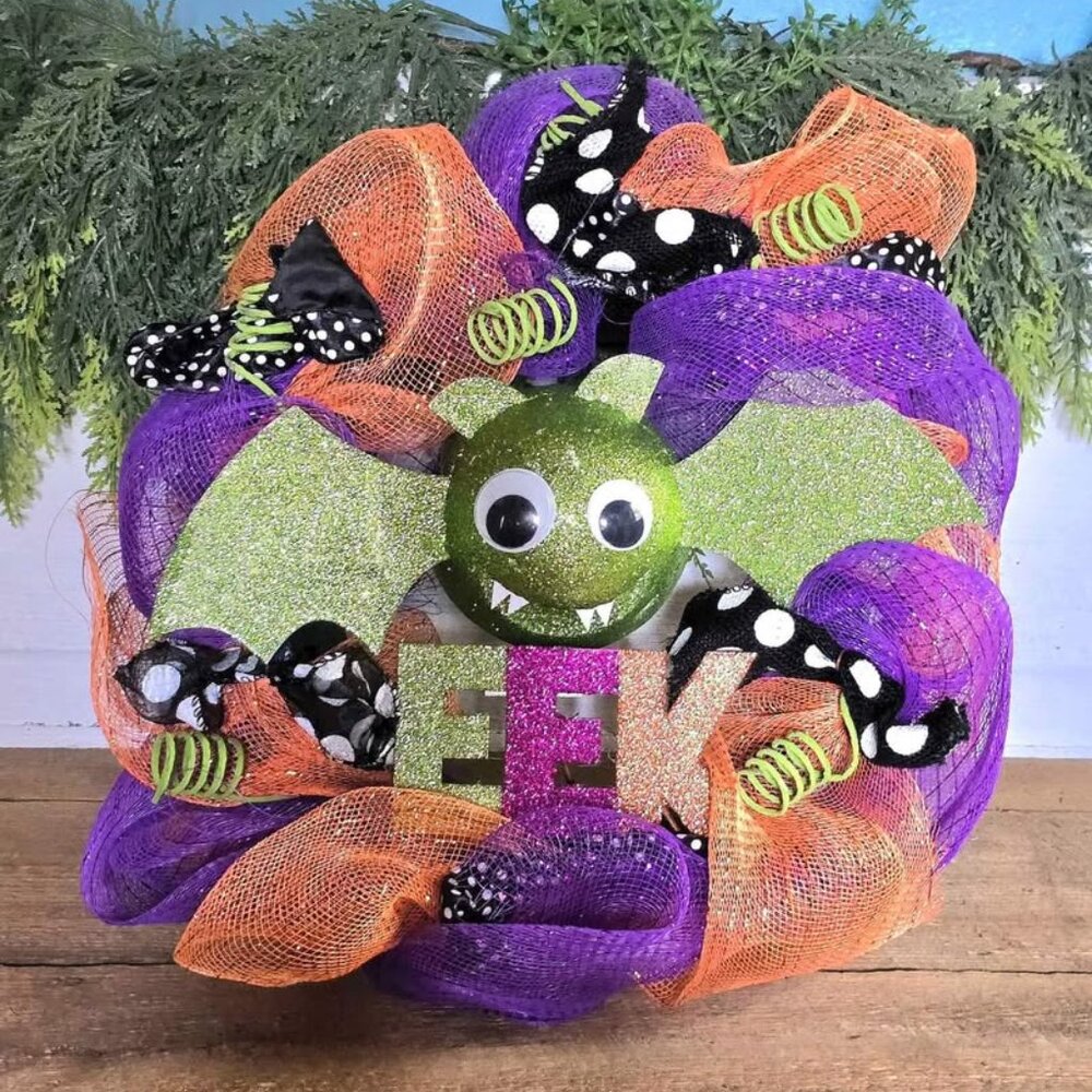 Colorful Googly Eye Green Glitter Bat Black Bow Wreath Halloween Decoration